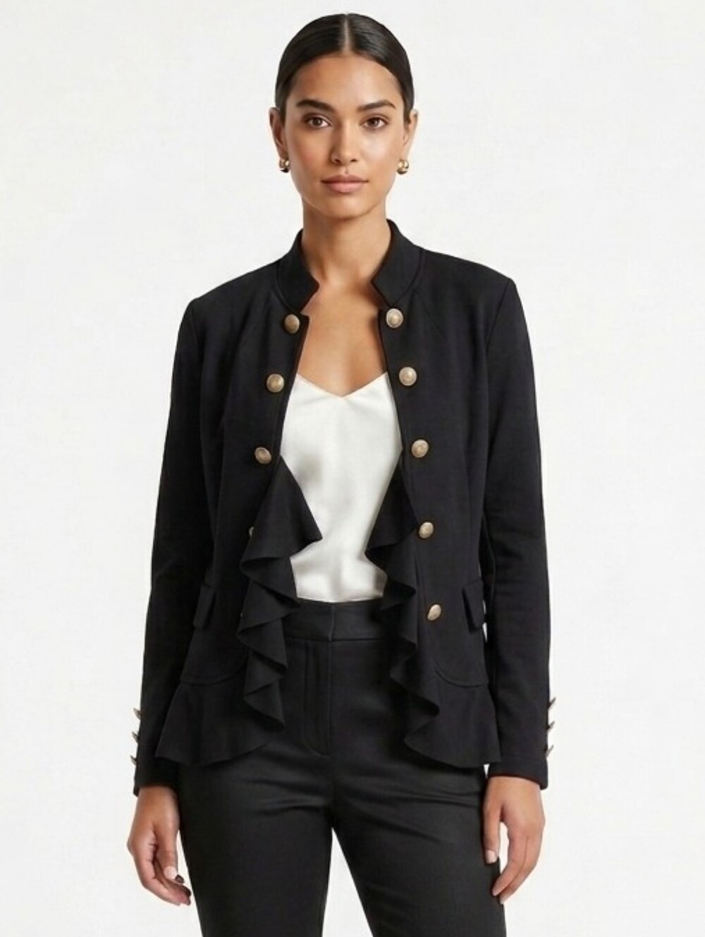 Maryley Made in Italy Black Ruffle Military Jacket Gold Button Detail Size S/42